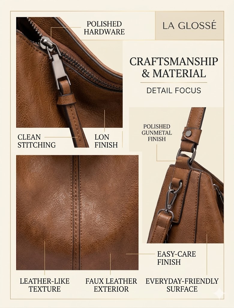 Realer Bruna Faux Leather Texture Close up of Realer Bruna faux leather texture stitching and metal hardware details