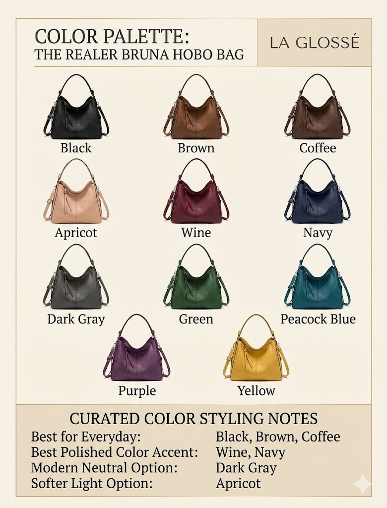 Realer Bruna Color Options Chart Realer Bruna hobo bag color options chart showing black brown apricot wine navy green purple and yellow choices