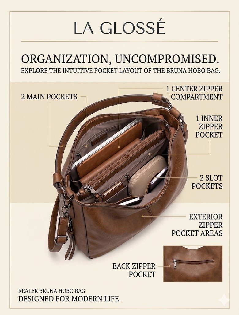 Realer Bruna Hobo Bag Pocket Layout Realer Bruna hobo bag interior pocket layout with zipper divider slot pockets and back safety pocket