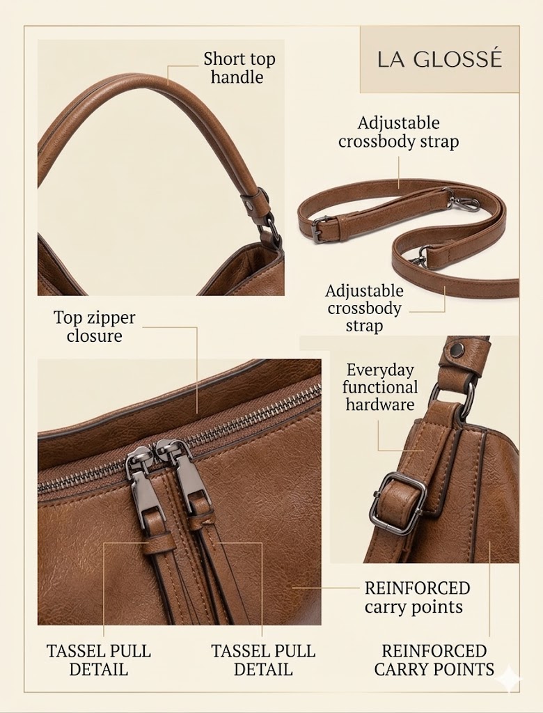 Realer Bruna Strap and Zipper Details Realer Bruna hobo bag adjustable strap buckle short handle and top zipper closure close up