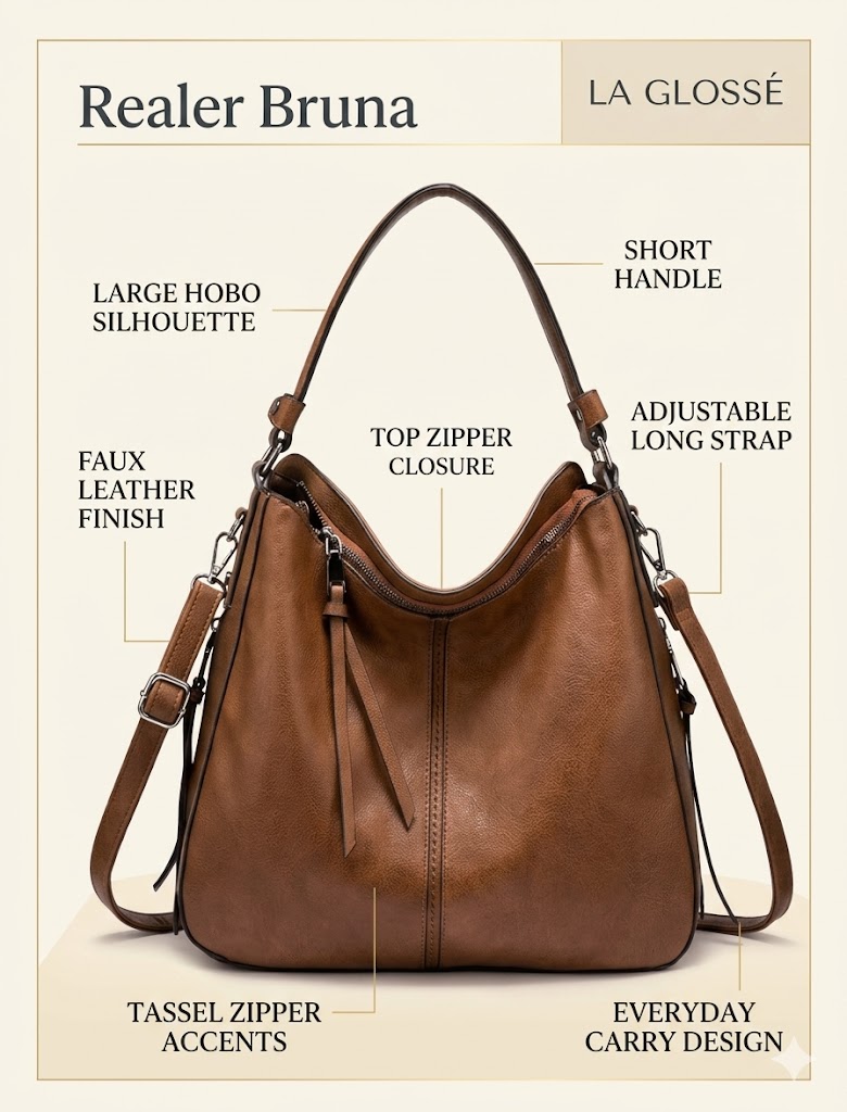 Realer Bruna Large Faux Leather Hobo Bag Realer Bruna large faux leather hobo bag front view with tassel zipper pockets and shoulder strap