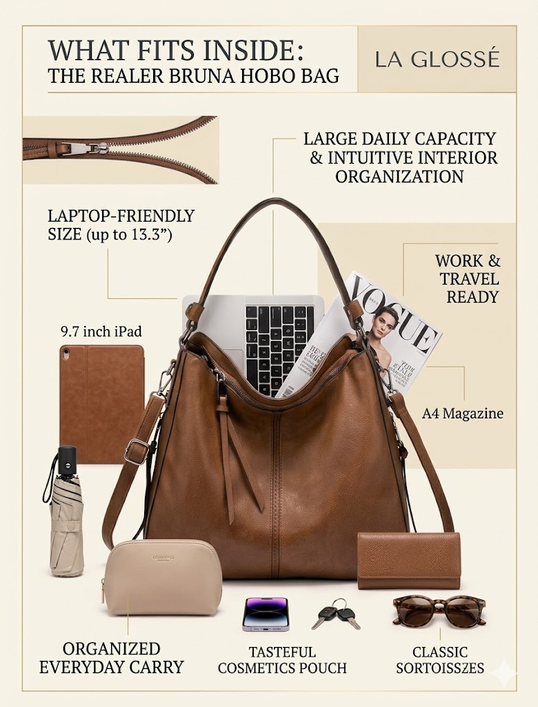 What Fits Inside Realer Bruna Hobo Bag What fits inside Realer Bruna large hobo bag including laptop iPad umbrella wallet cosmetics and daily essentials