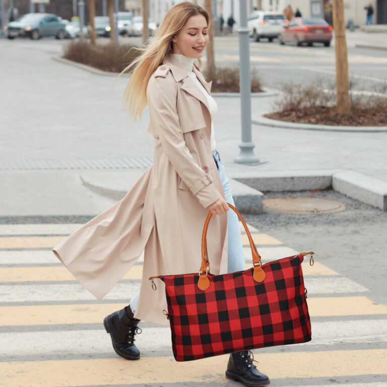 Roséla Buffalo Weekender Tote Bag – Red Plaid Travel Duffle Tote for Women