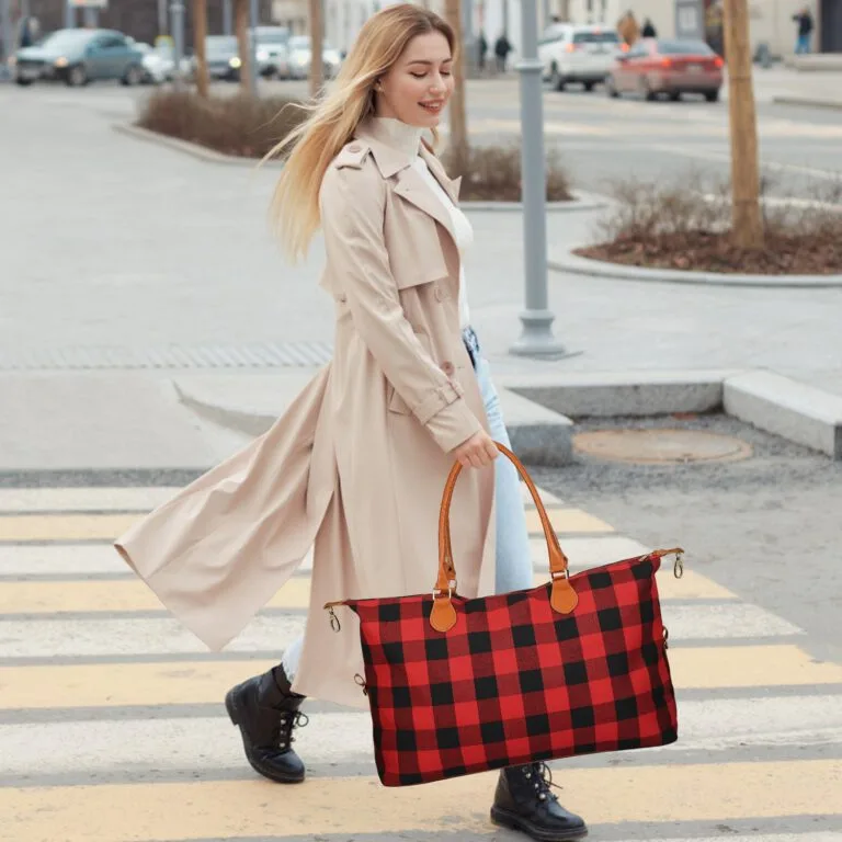 Roséla Buffalo Weekender Tote Bag – Red Plaid Travel Duffle Tote for Women