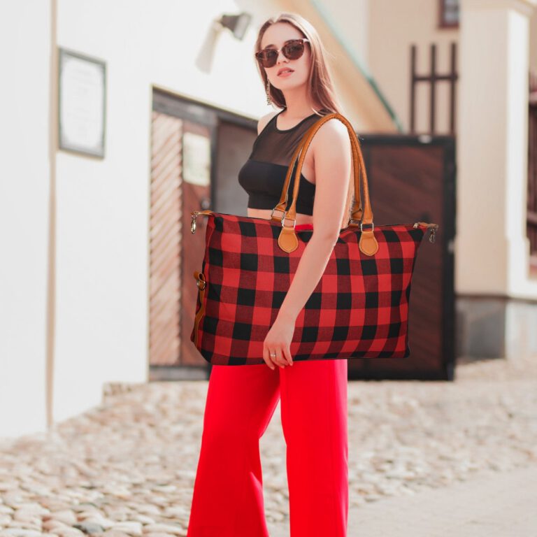 Roséla Buffalo Weekender Tote Bag – Red Plaid Travel Duffle Tote for Women