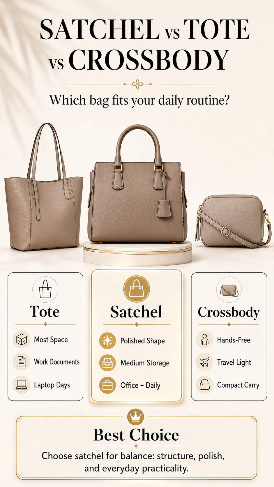 Satchel vs tote vs crossbody infographic comparing structure storage work use and hands free daily carry