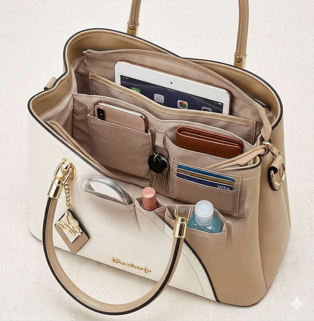 SiMYEER satchel bag interior compartments showing organized handbag sections and zipper pockets