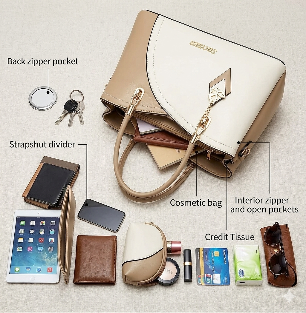 SiMYEER satchel bag organization guide for phone wallet keys cosmetics and daily essentials