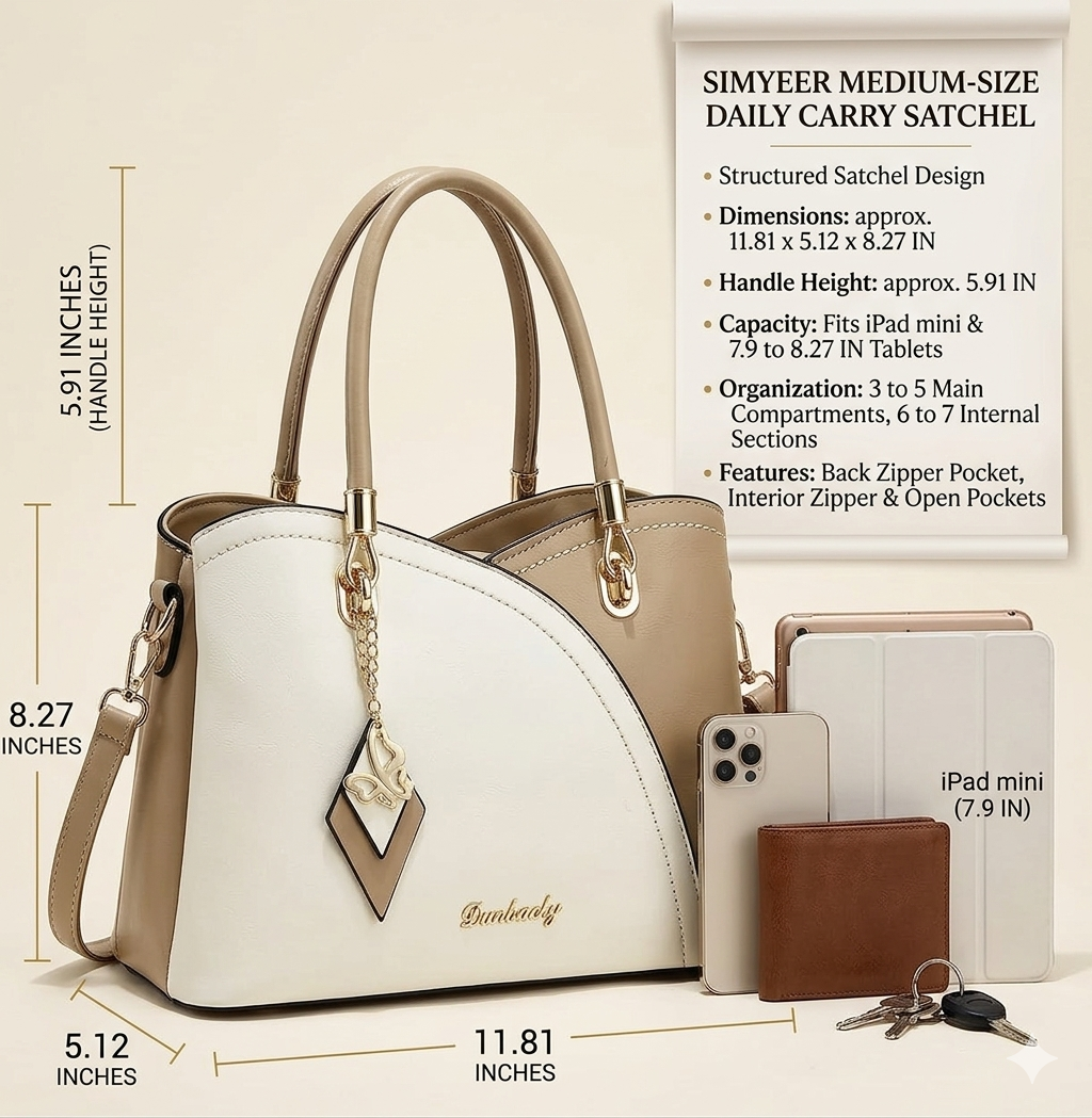 SiMYEER satchel bag pocket layout showing zipper pocket open pocket and organized storage sections
