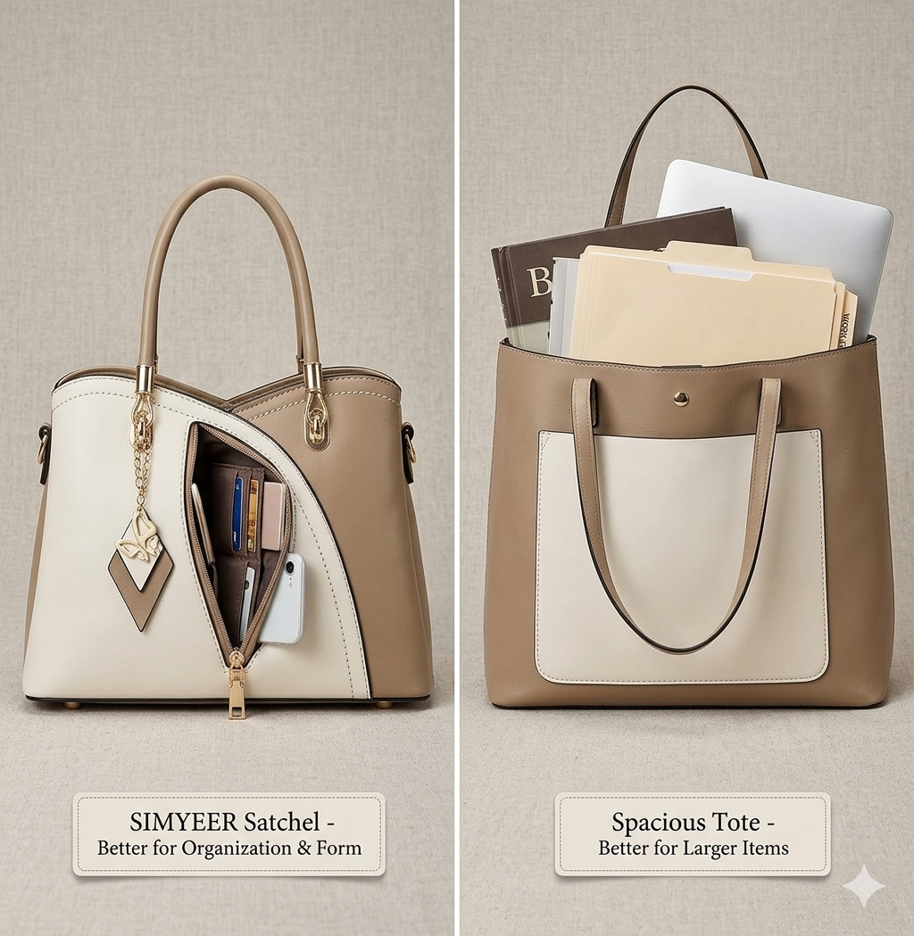 SiMYEER satchel vs tote bag comparison showing structure storage zipper closure and laptop space differences