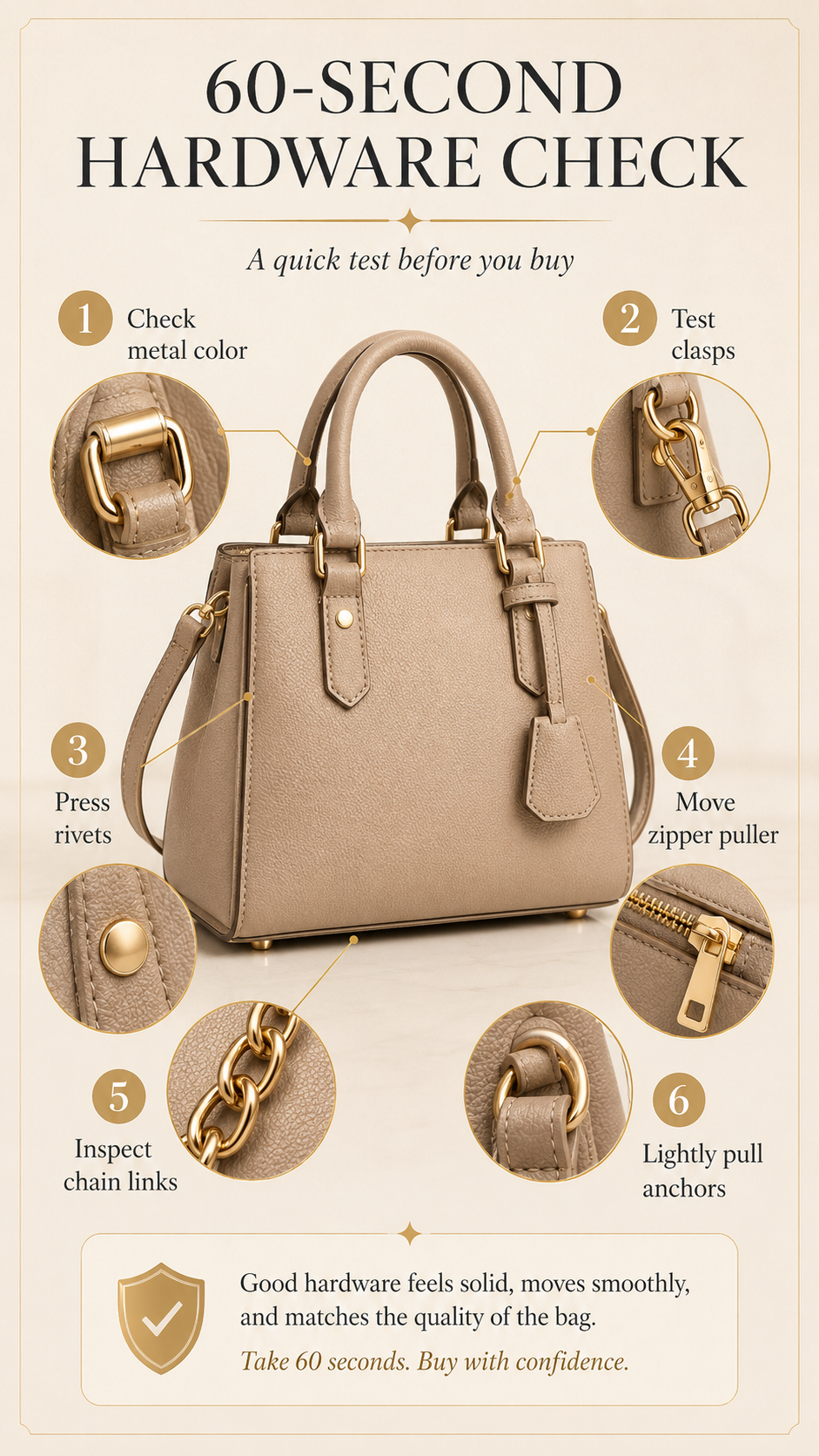 Sixty second handbag hardware check showing steps for inspecting metal color, clasps, rivets, zipper puller, chain links, and strap anchors