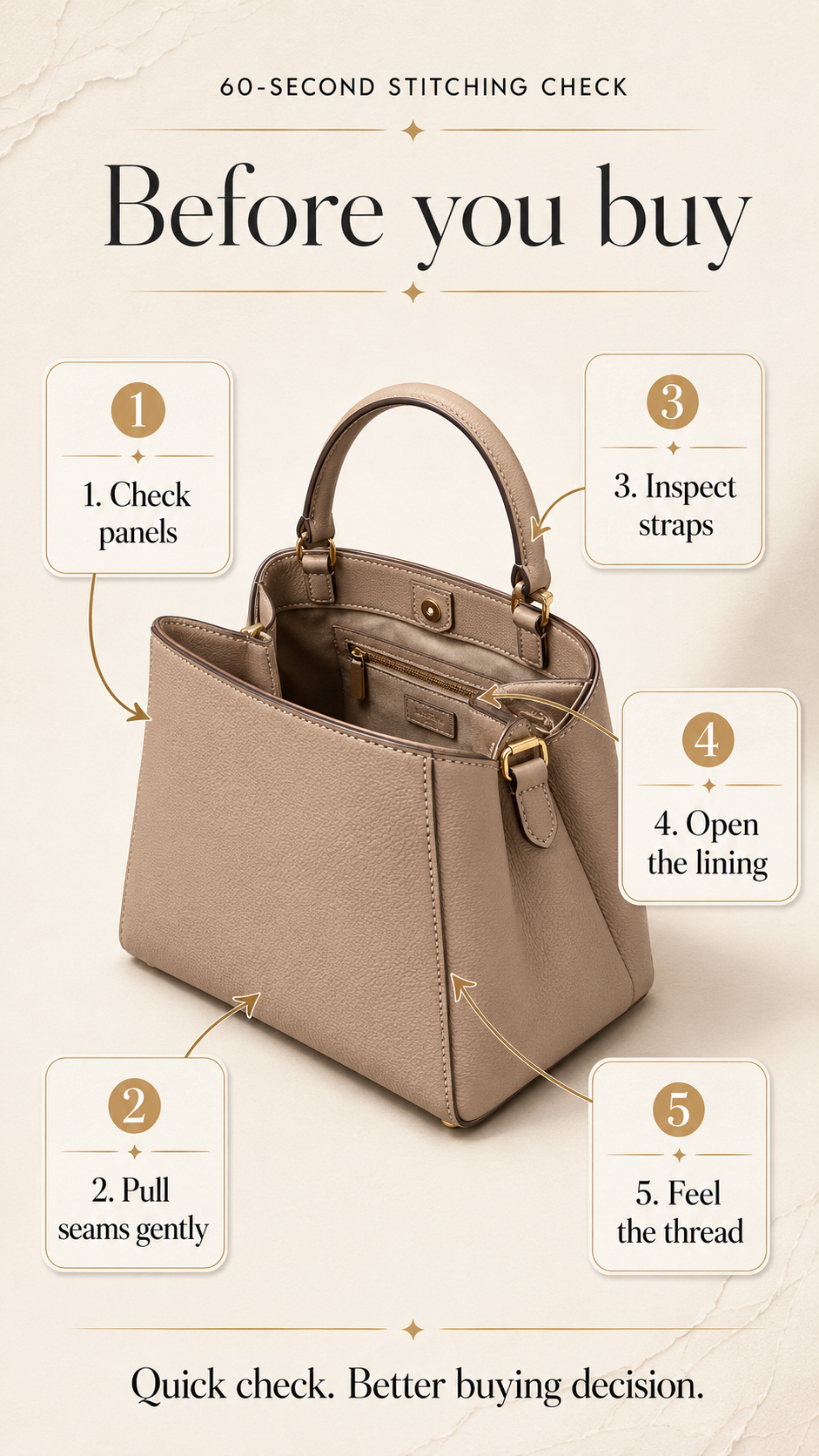 60-second handbag stitching inspection method infographic with five steps for checking panels, seams, handles, lining, and thread feel