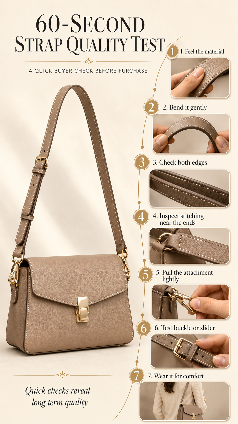 60 Second Handbag Strap Quality Test 60 second handbag strap quality test infographic with seven premium inspection steps for buyers