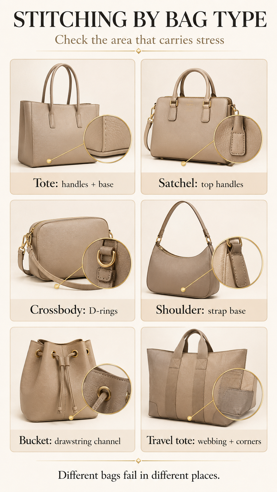 Comparison infographic showing stitching inspection points for tote, satchel, crossbody, shoulder bag, bucket bag, and travel tote