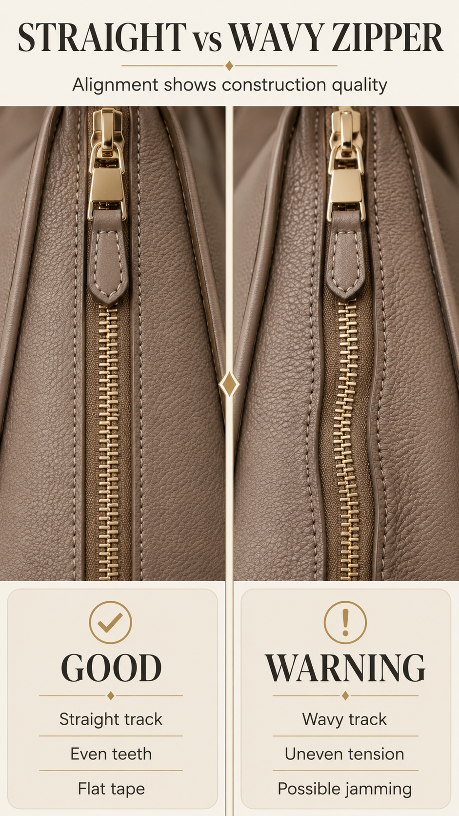 Straight versus wavy handbag zipper alignment comparison showing a good zipper track and a poor uneven zipper track