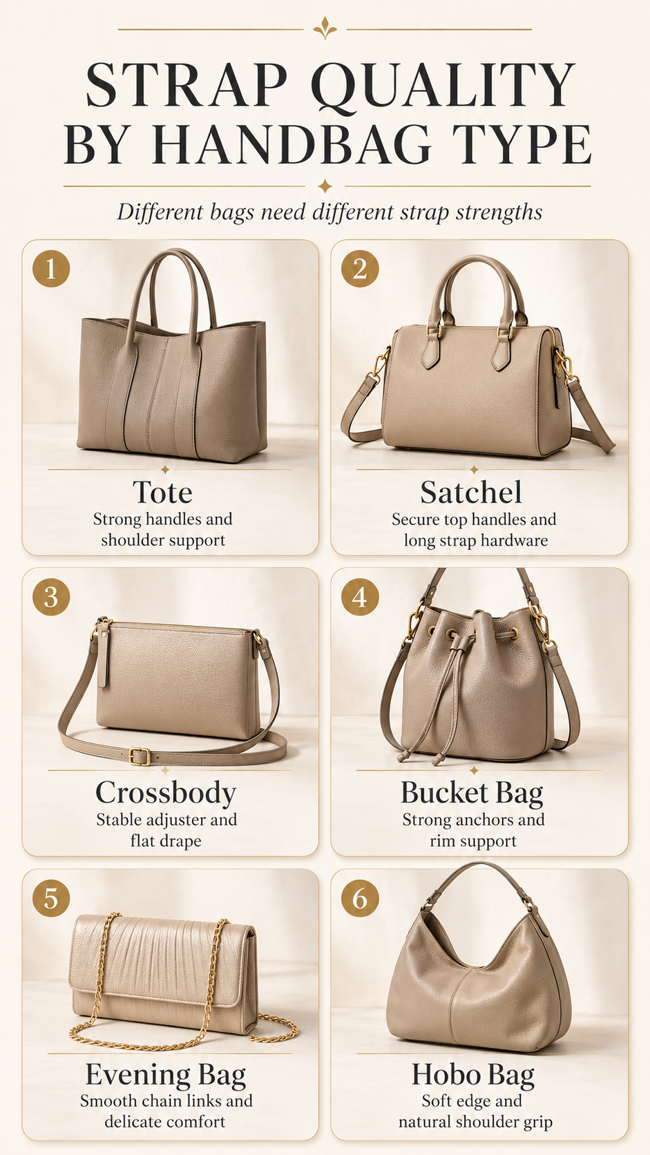 Strap Quality by Handbag Type Blueprint Graphical handbag strap quality blueprint for tote satchel crossbody bucket evening and hobo bags