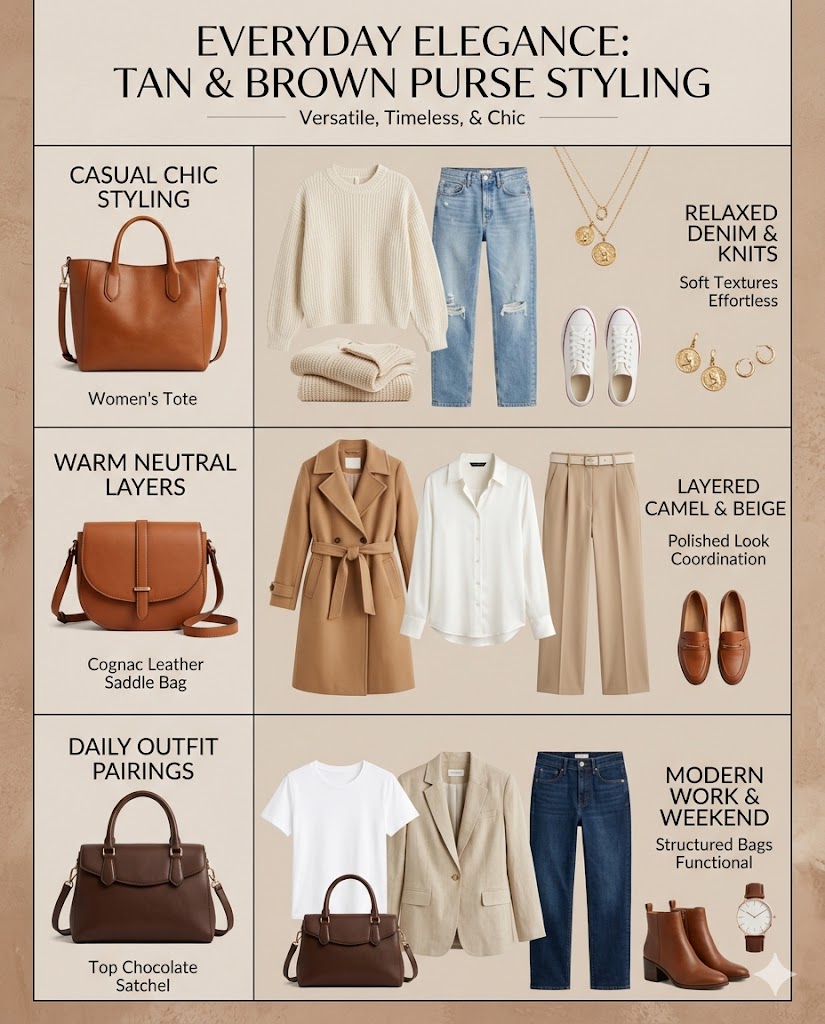 Tan and brown purse everyday outfit guide with denim cream beige camel and white clothing combinations