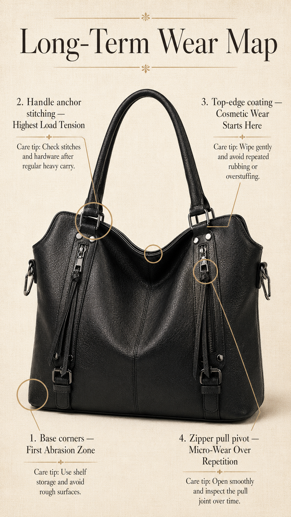 TANTOMI handbag long-term wear points and care infographic showing corner rub zones, handle stress, zipper pull wear, edge peeling risk with charcoal callout labels on ivory background