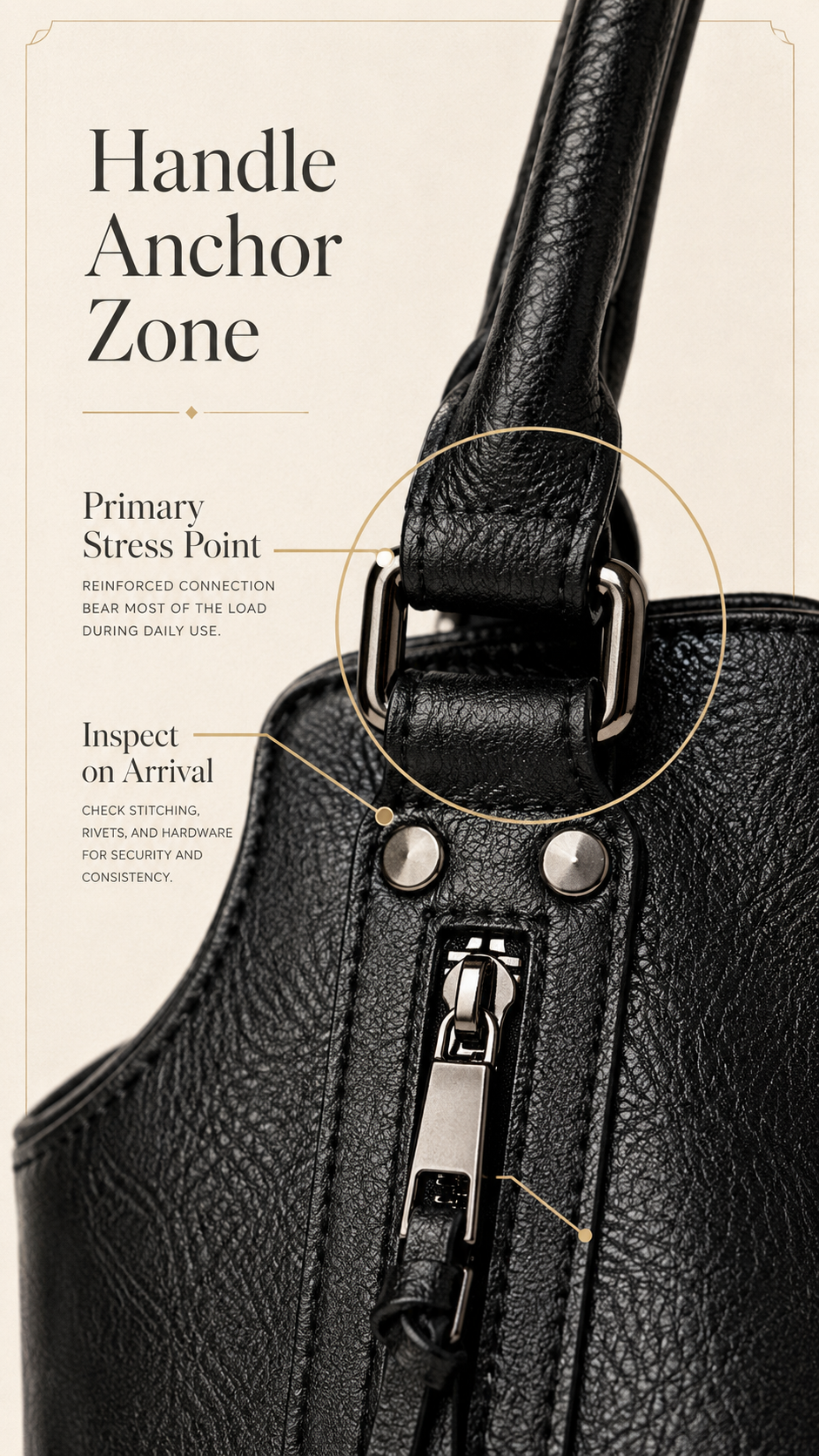 TANTOMI handbag handle anchor and stress point stitching close-up infographic with labeled callouts