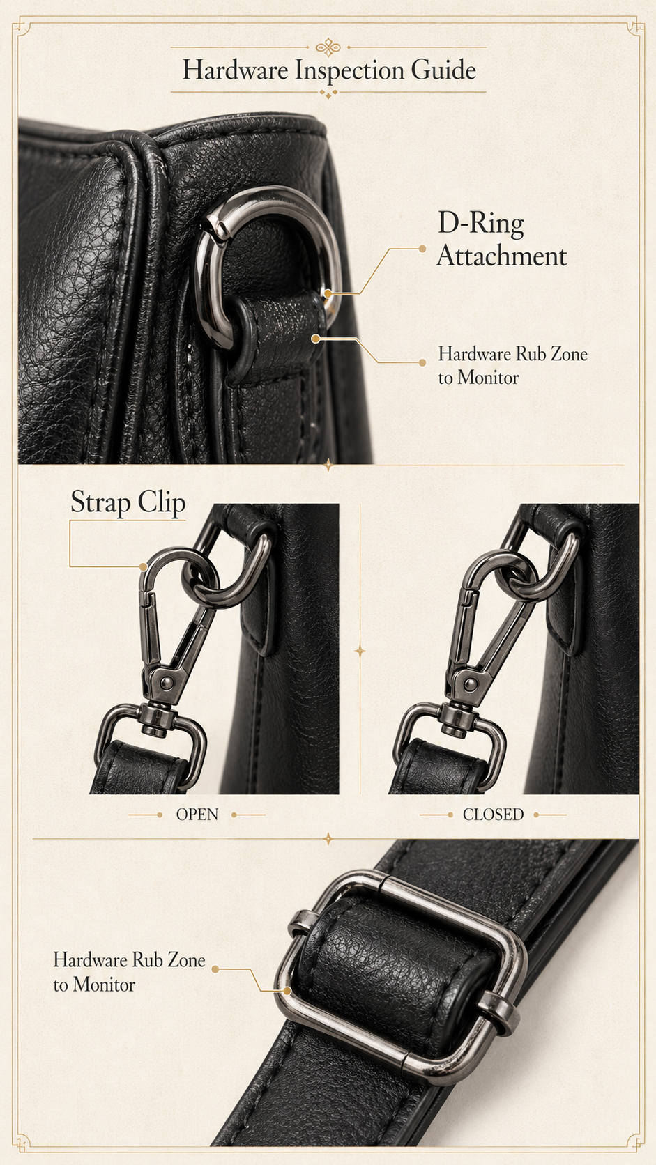 TANTOMI handbag metal rings, buckles, and strap clips close-up infographic on ivory background with champagne accent labels