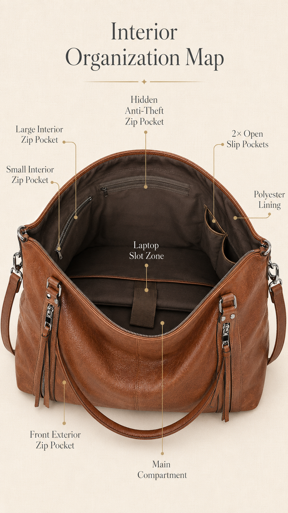 TANTOMI handbag polyester lining and pocket organization infographic with labeled slot diagram on ivory background