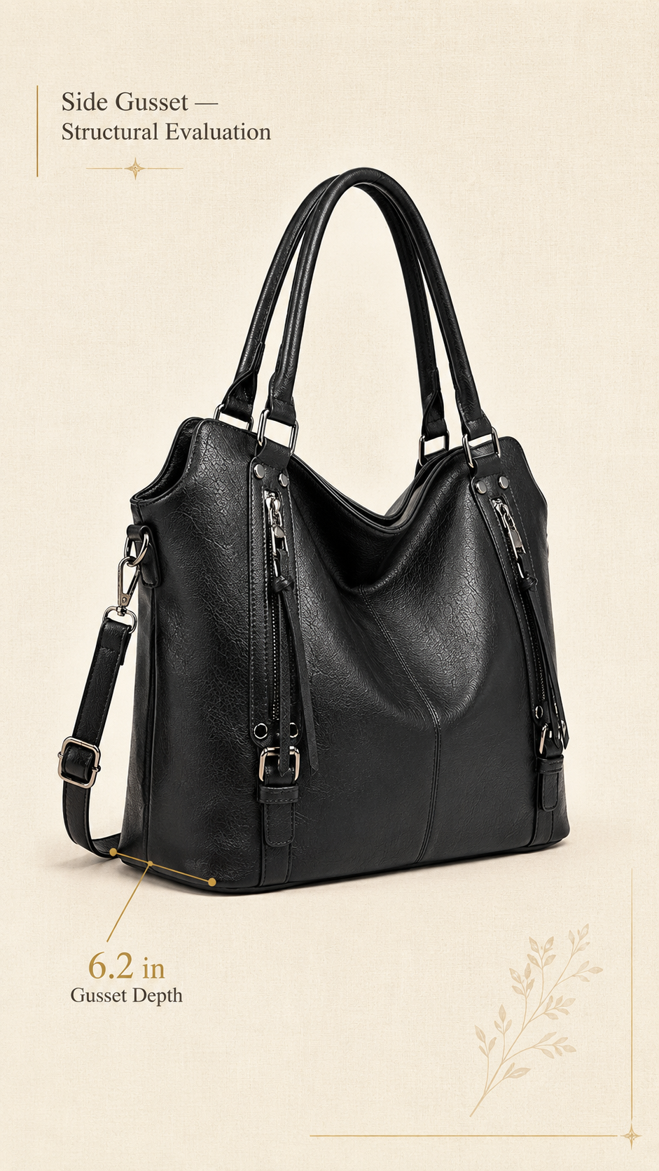 TANTOMI main tote side gusset and structured base infographic on ivory background with callout labels