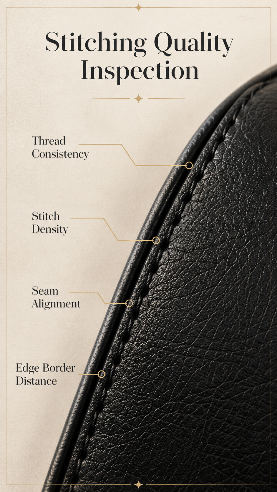 TANTOMI handbag stitching close-up infographic showing thread density, stitch line alignment, and edge finish on champagne-gold accent editorial layout