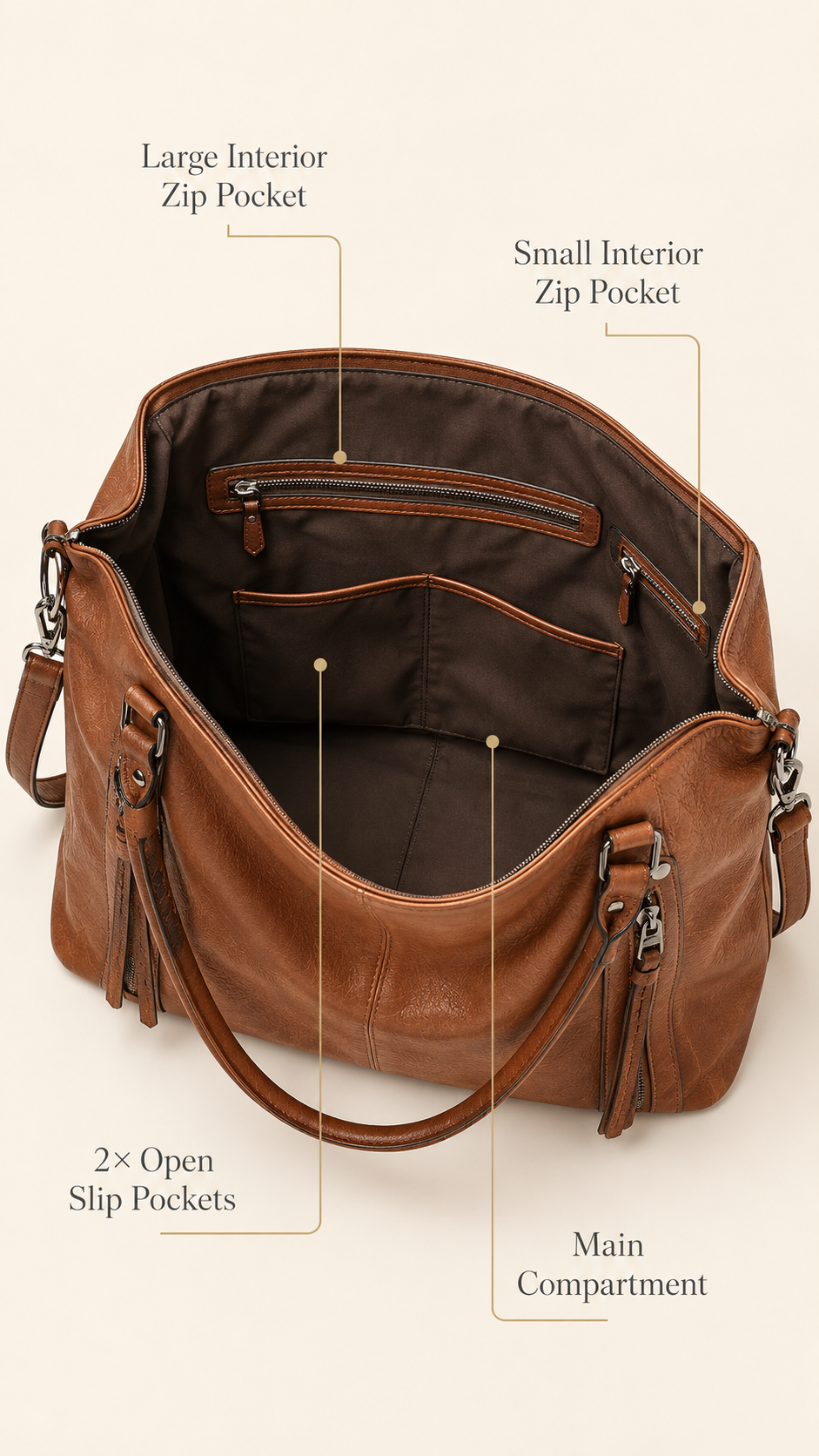 TANTOMI large tote top opening view showing interior compartments and pocket layout on ivory editorial background