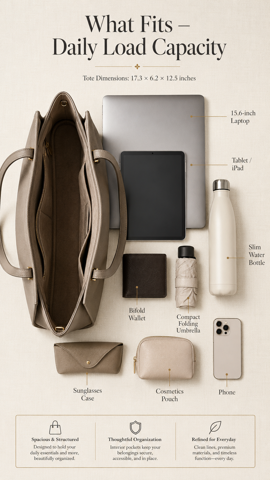TANTOMI large tote what fits inside infographic showing laptop, iPad, wallet, water bottle position on ivory background with charcoal labels