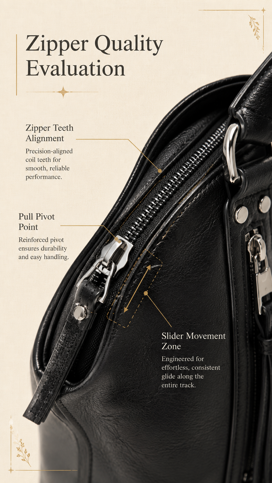 TANTOMI handbag zipper teeth and zipper pull close-up infographic editorial style on beige background