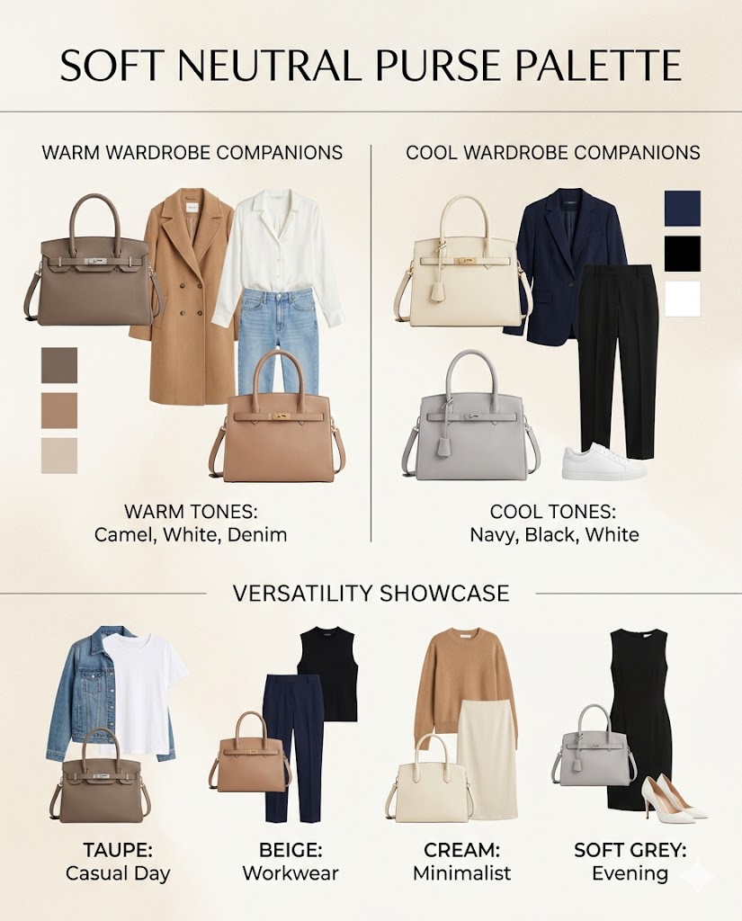 Taupe beige and grey purse neutral color guide for warm cool and mixed wardrobe outfits
