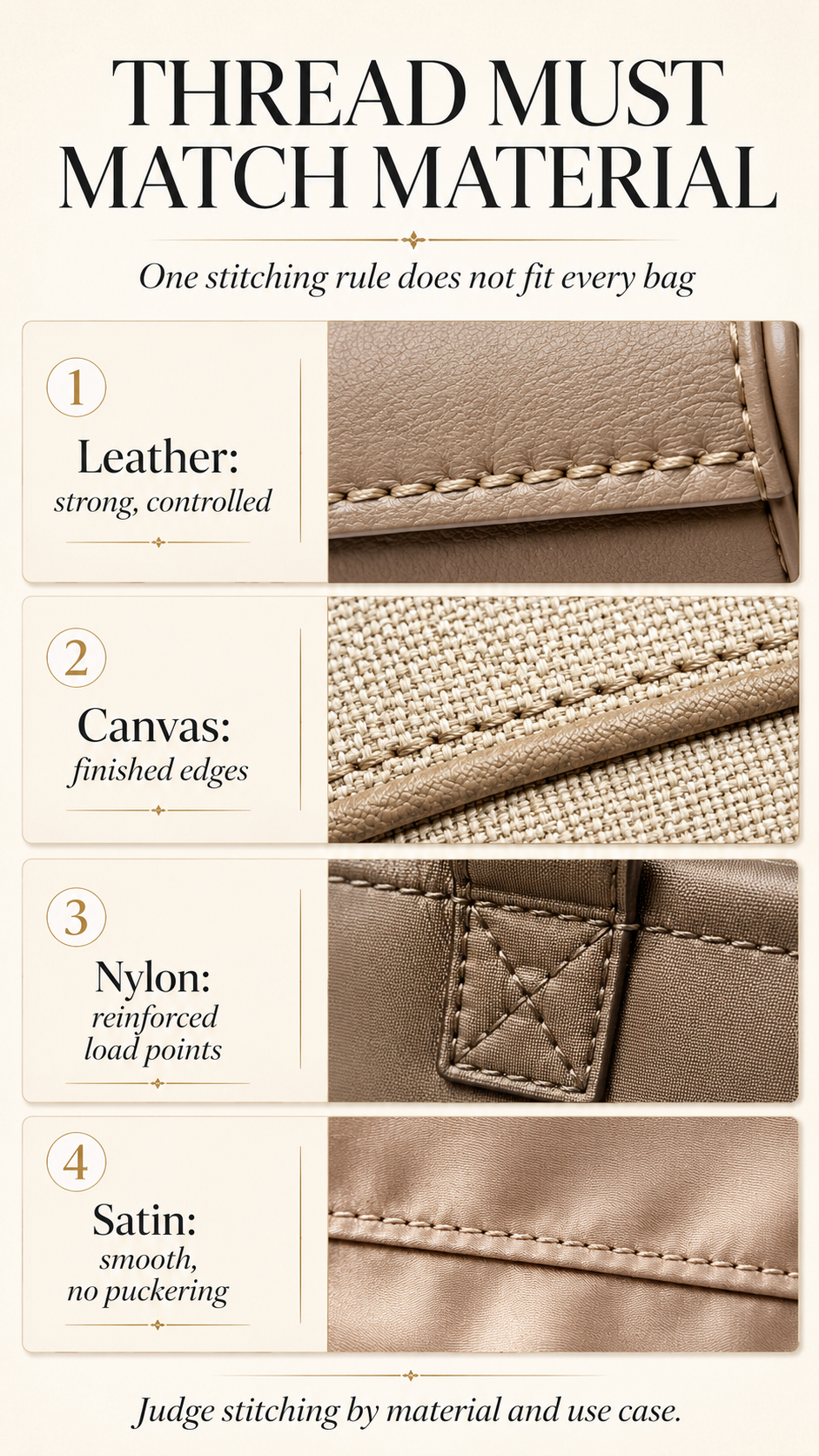 Premium thread and material matching infographic for leather, canvas, nylon, satin, and evening handbags