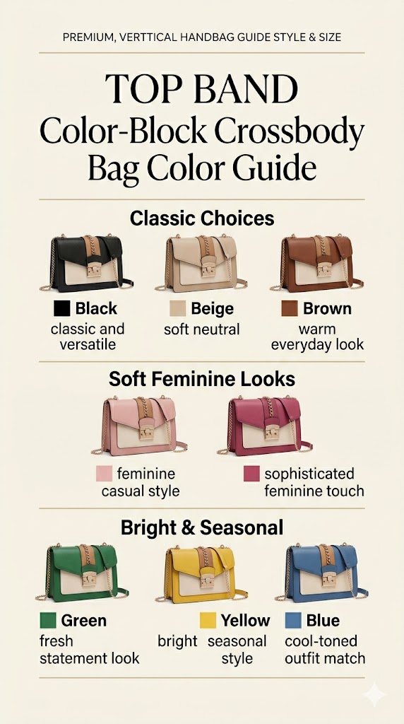 TOP BAND color-block crossbody bag color guide with black, beige, blue, brown, pink, green, and yellow options