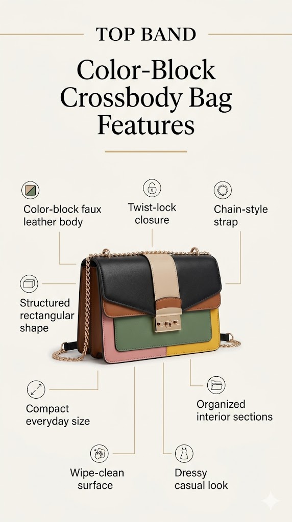 TOP BAND color-block crossbody bag feature guide with faux leather body, twist-lock closure, chain strap, and structured shape