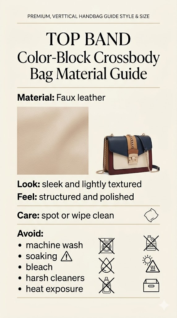 TOP BAND color-block crossbody bag material guide showing faux leather texture and care tips