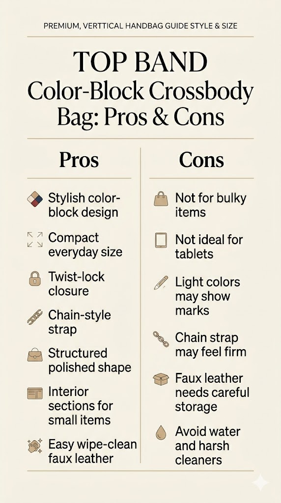 TOP BAND color-block crossbody bag pros and cons infographic