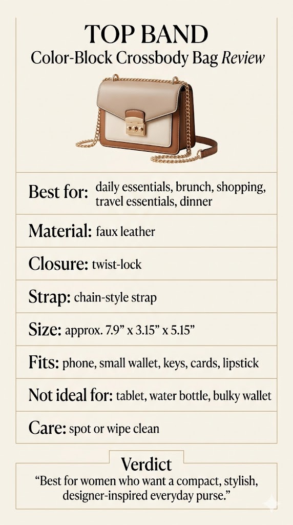TOP BAND color-block crossbody bag review infographic with size, material, strap, closure, and everyday use details