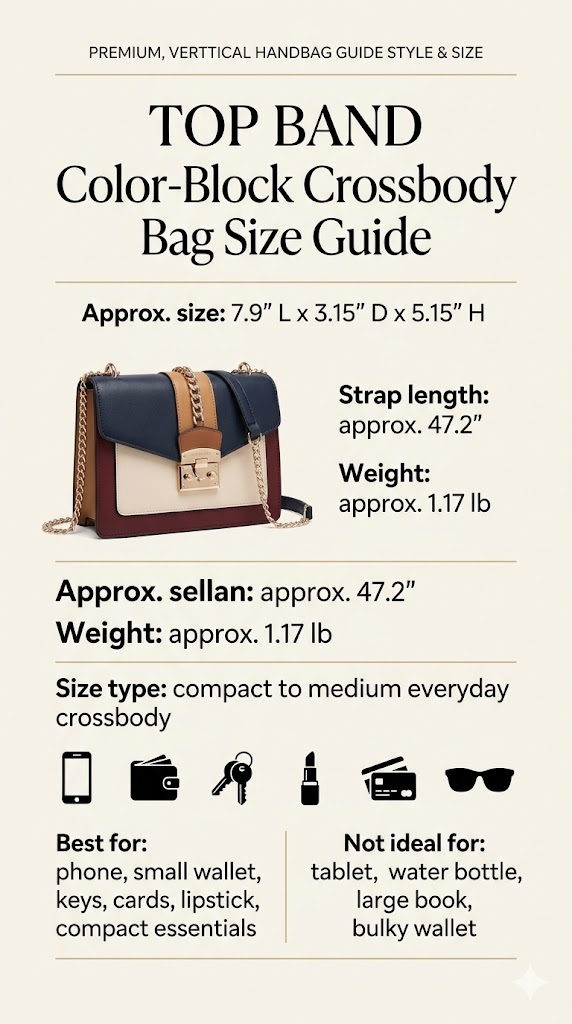 TOP BAND color-block crossbody bag size guide with dimensions, strap length, weight, and capacity notes