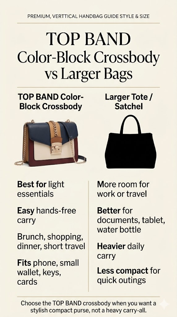 TOP BAND color-block crossbody bag compared with larger tote and satchel bags