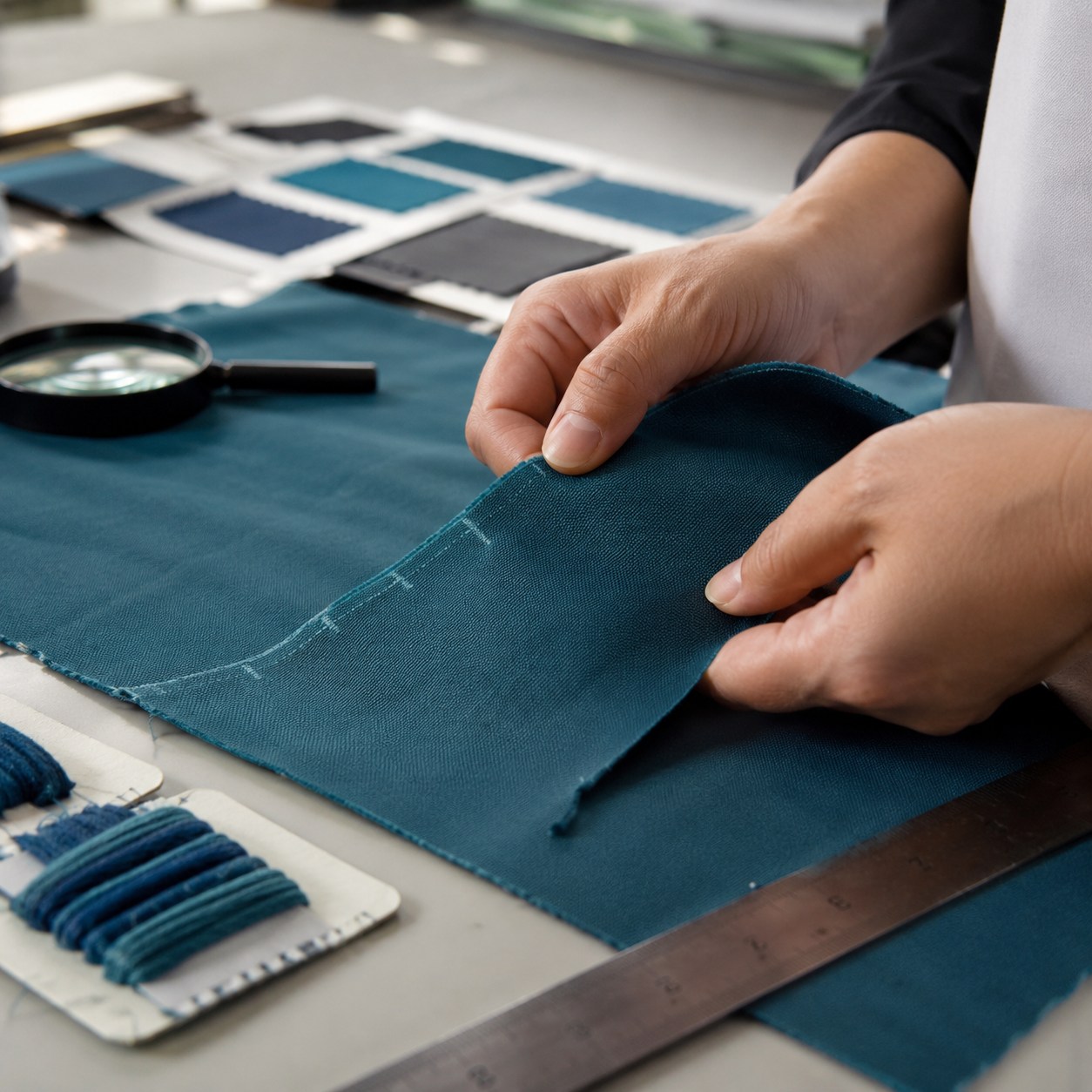 Close construction-inspired view of fabric inspection and surface texture on the Travelon messenger bag material