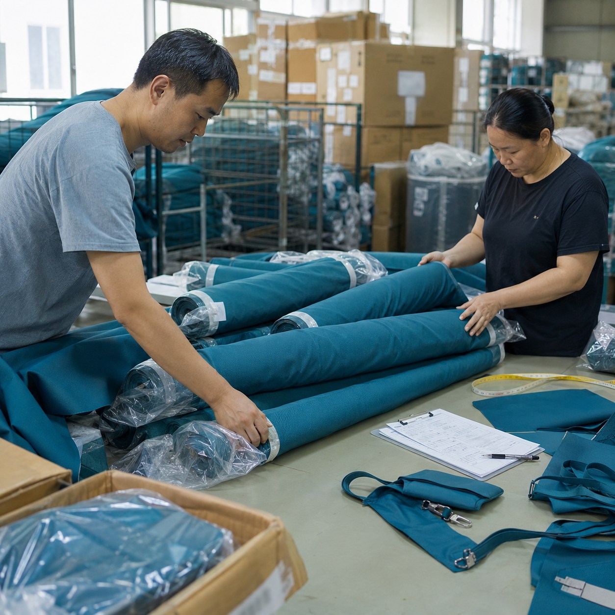 Production-style view of teal fabric rolls before Travelon Classic Messenger Bag construction begins