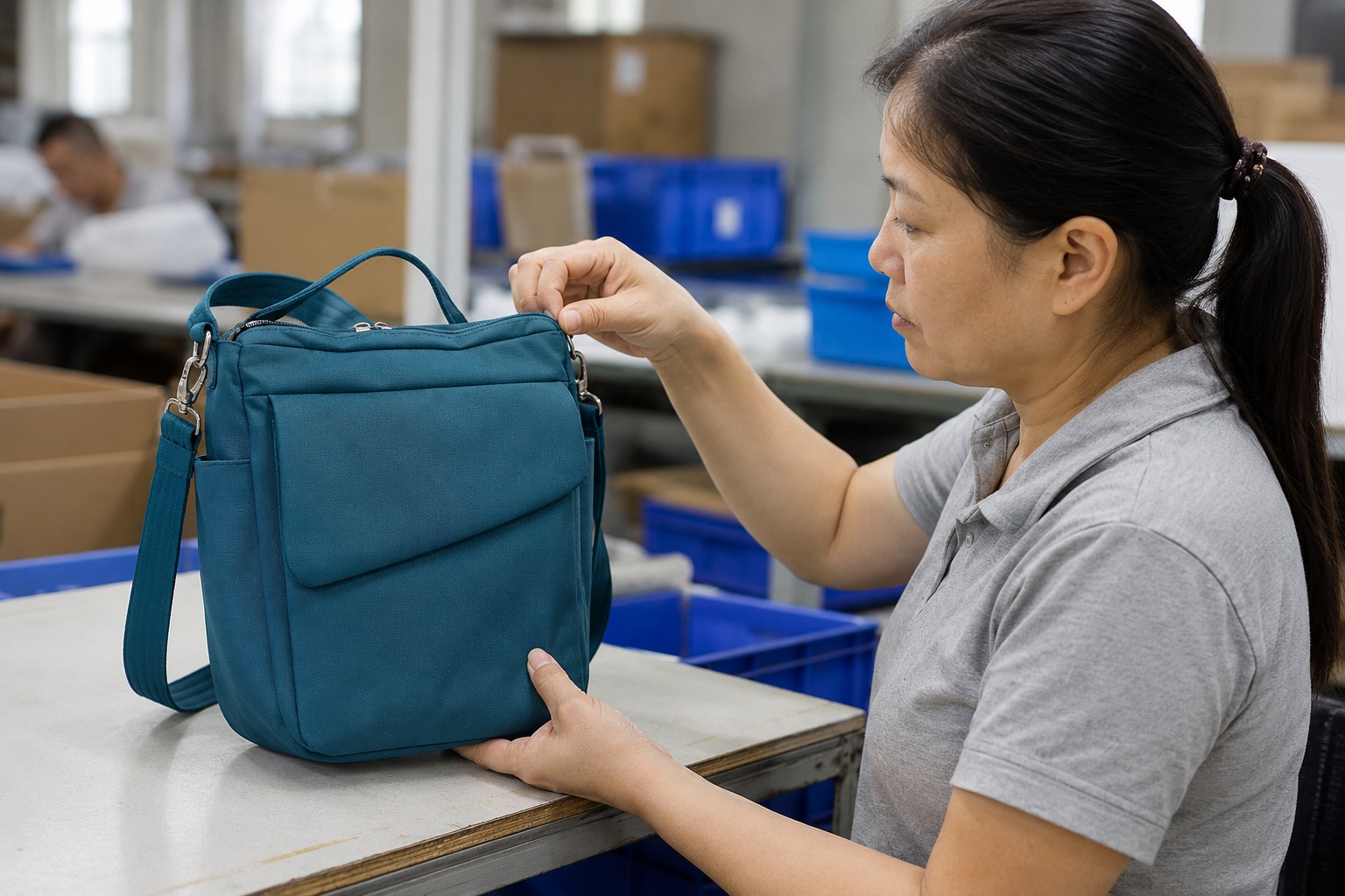 Quality-inspection view of the finished Travelon Anti-Theft Classic Messenger Bag teal silhouette