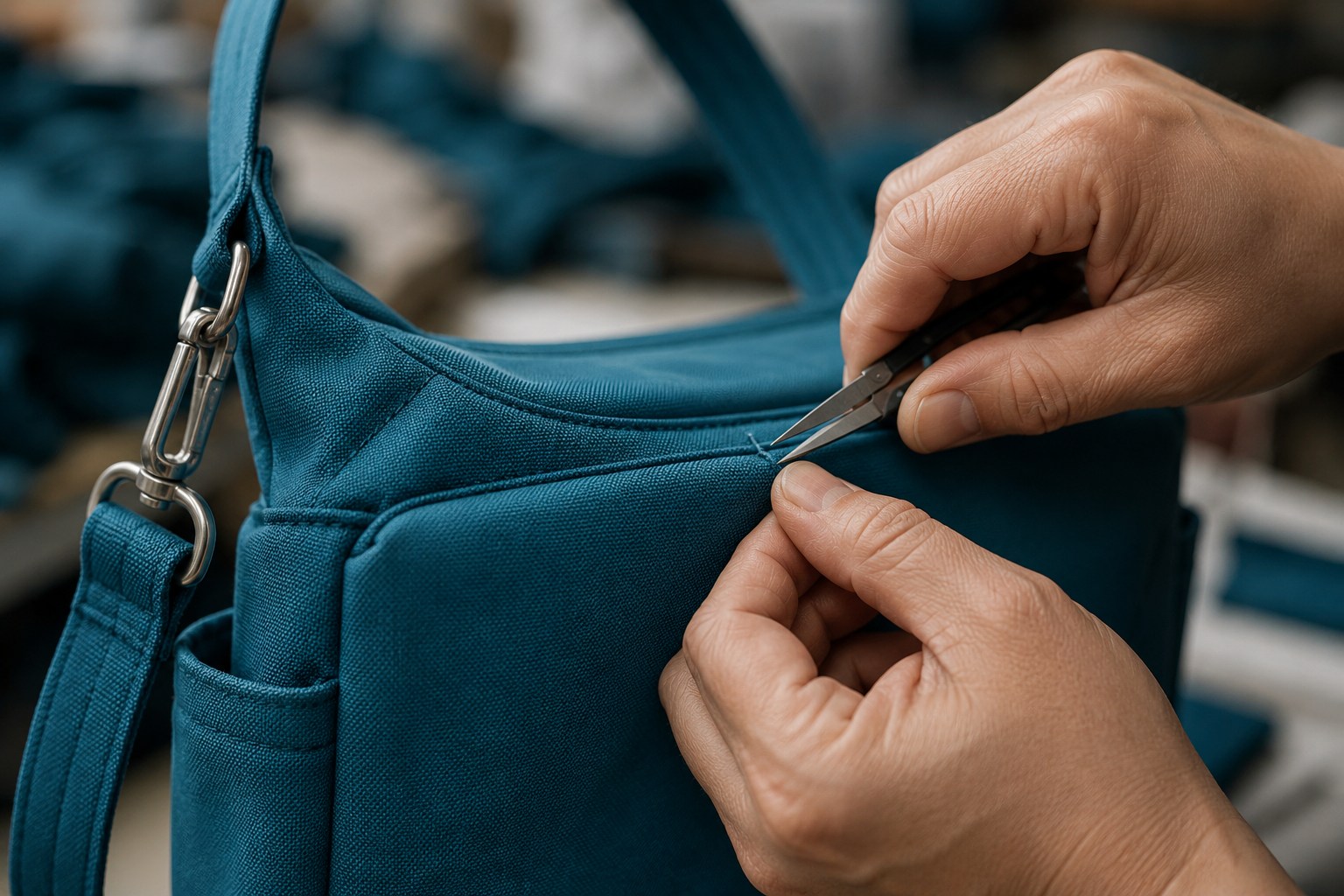 Quality-control inspired close-up of seam and edge finishing on the Travelon Anti-Theft Classic Messenger Bag