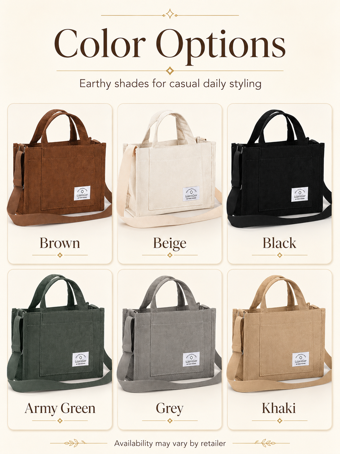 Color options for WantGor corduroy tote bag including brown beige black green and grey