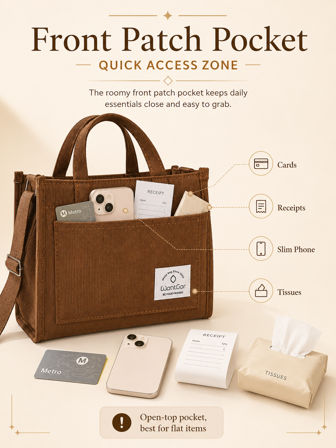 Front patch pocket on WantGor brown corduroy tote bag for quick-access items
