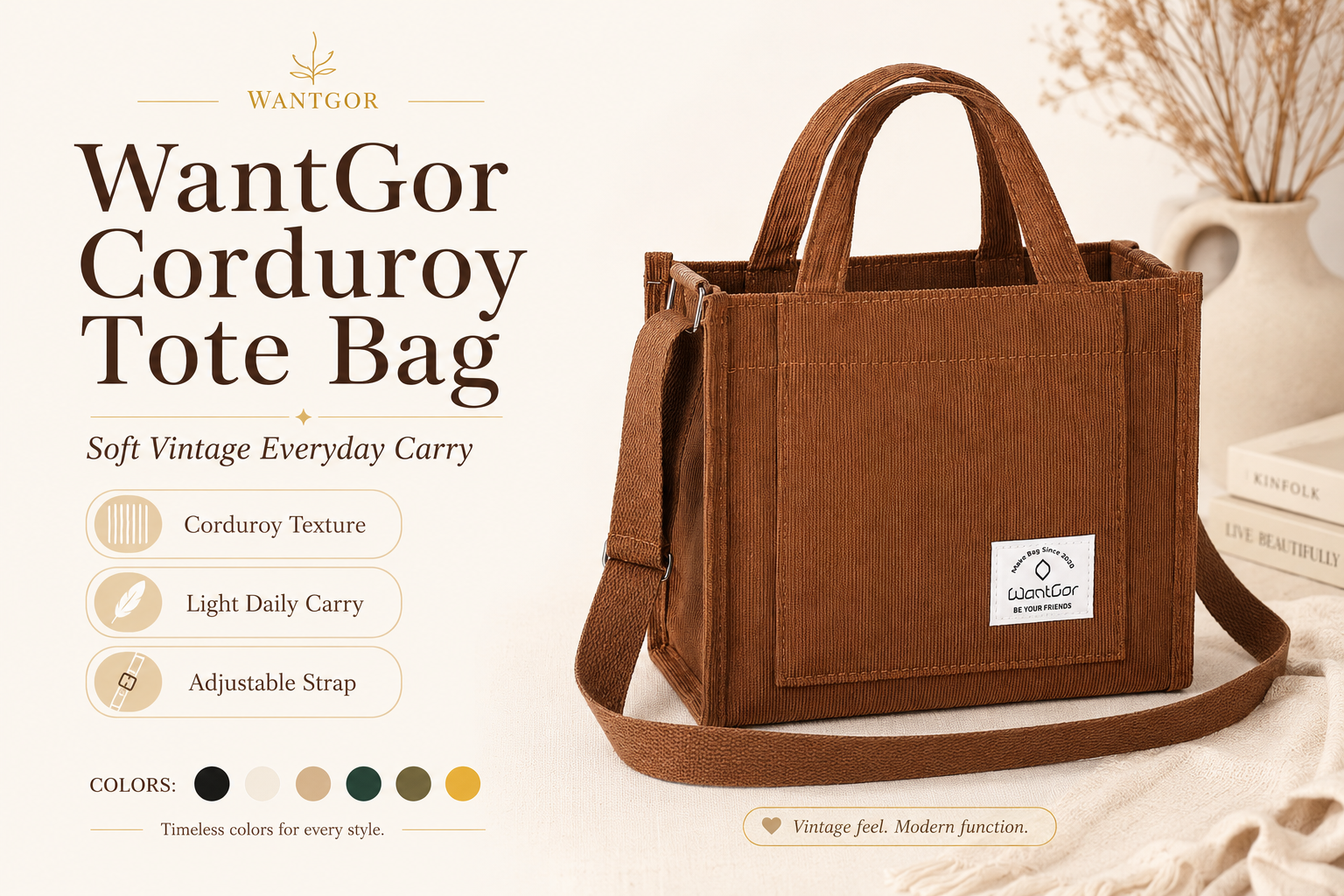 WantGor small brown corduroy tote bag with top handles and adjustable shoulder strap