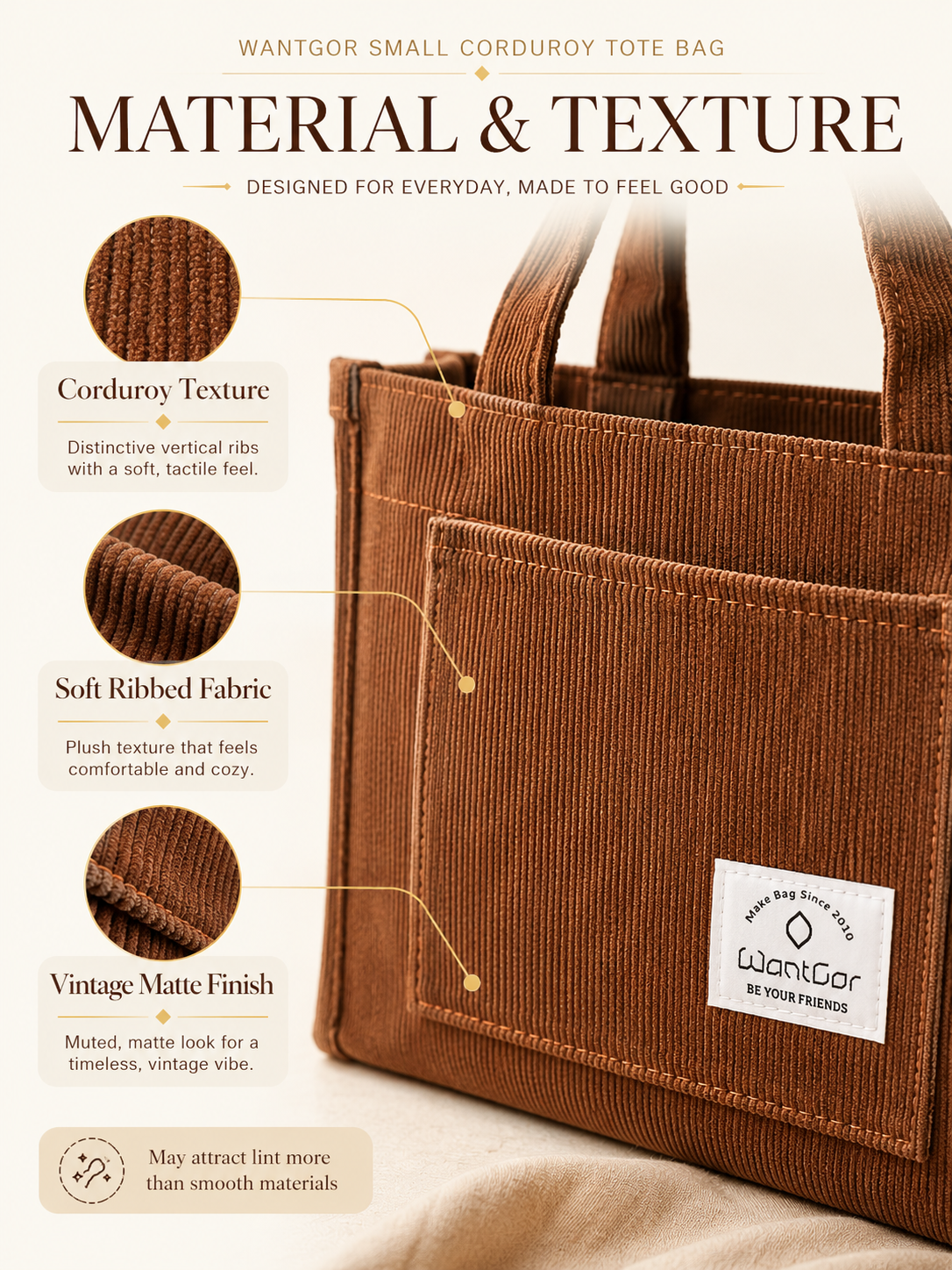 Close view of brown corduroy fabric texture on WantGor small tote bag