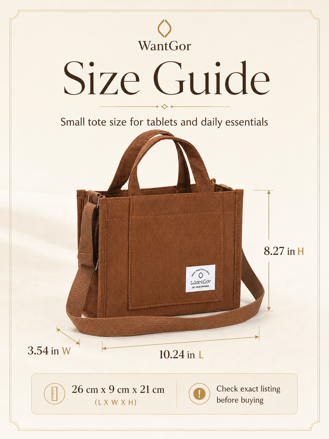 Size guide for WantGor small corduroy tote bag showing approximate length width and height