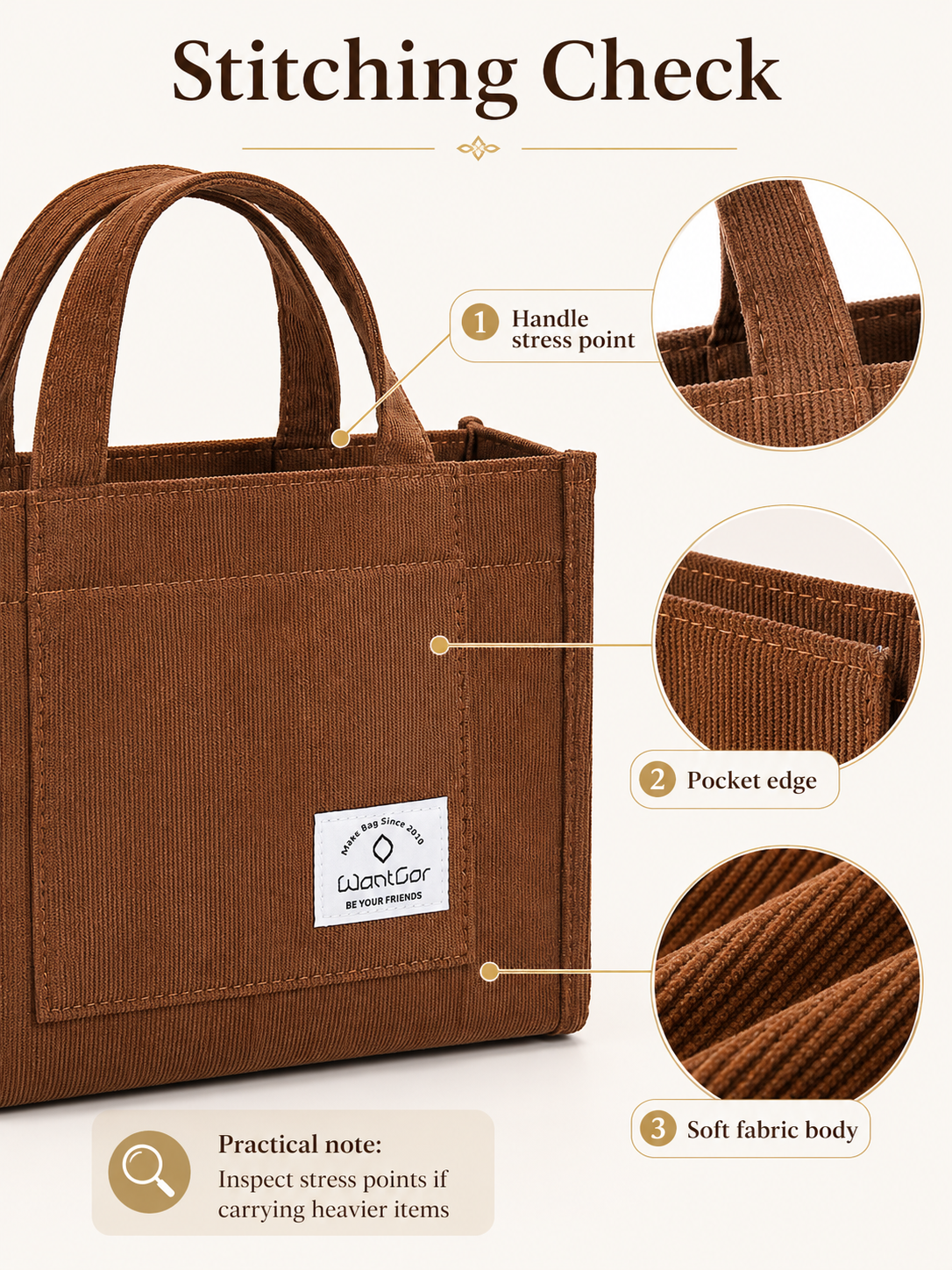 Close view of stitching and handle attachment on WantGor corduroy tote bag
