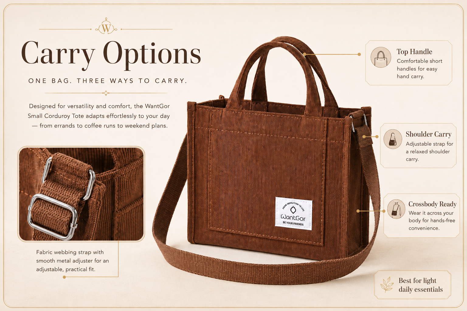 Adjustable shoulder strap and top handles on WantGor small corduroy tote bag